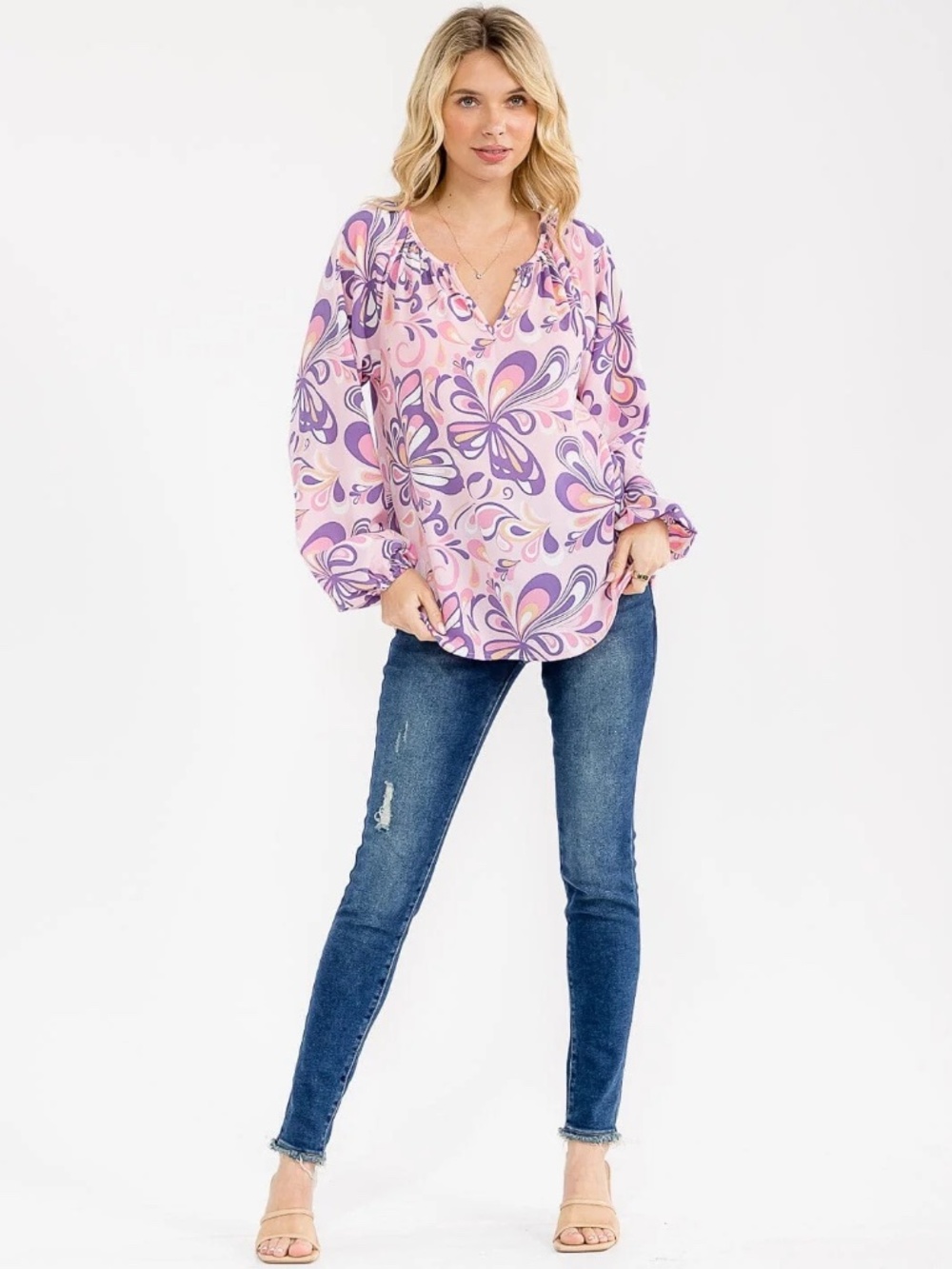 "Emily Wonder" Women's Long Sleeve V-Neck Multi Print Blouse